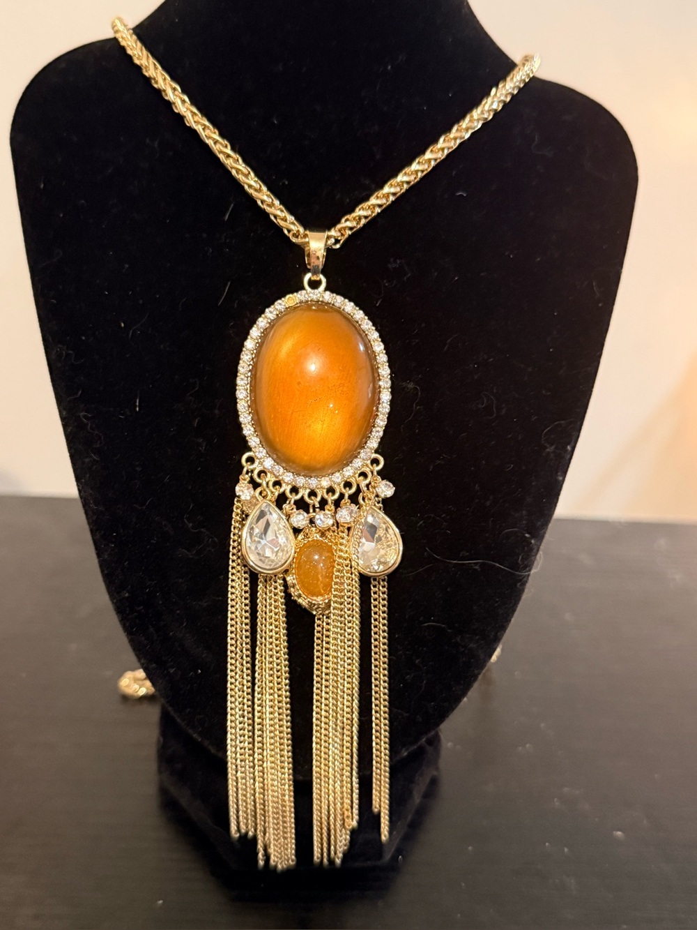 C Gold-Tone Amber Cabochon Fringe Necklace